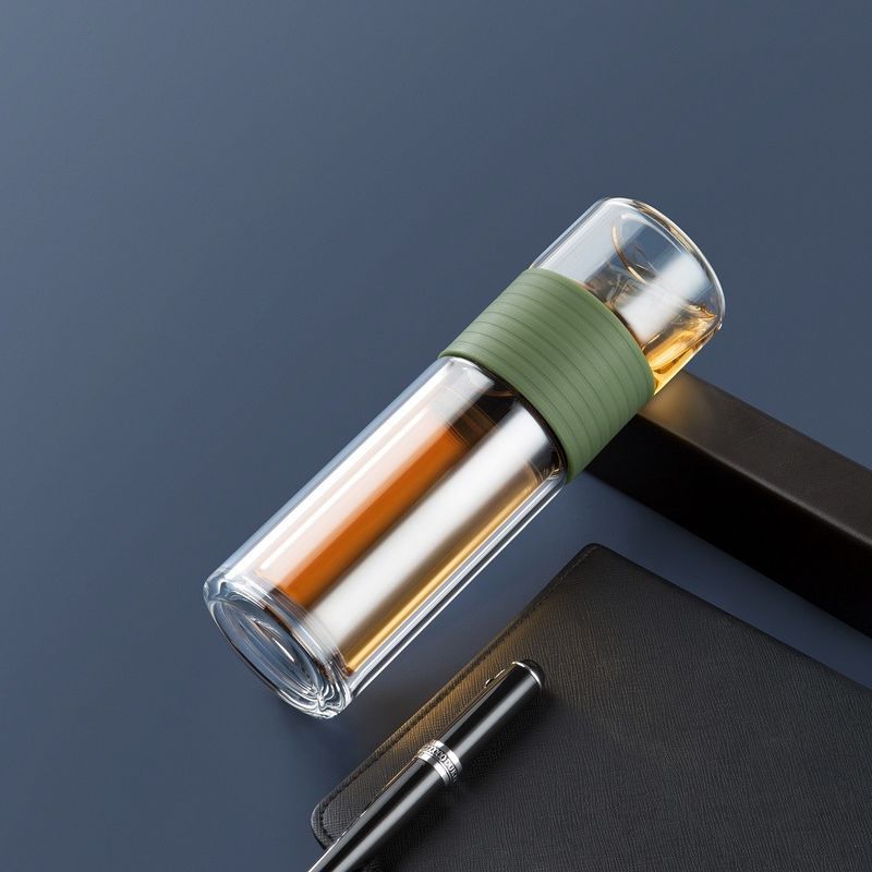 High Borosilicate Tube Double Wall Glass Tea Infuser Cup Portable With SS Filter