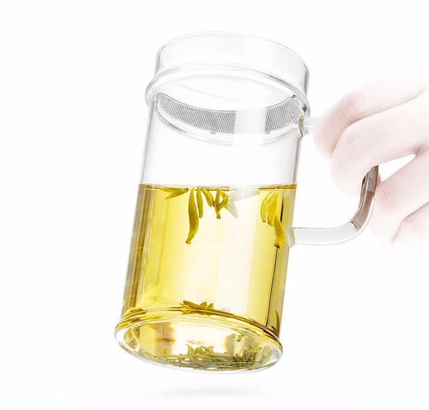Transparent High Borosilicate Glass Tea Infuser Cup Double Wall Tea Mug 380Ml With Plastic Lid